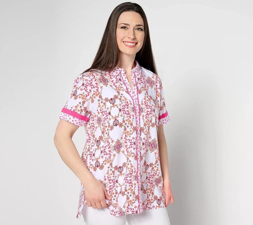 Susan Graver Passport Tunic Shirt Womens Medium Petite Short Sleeve Bohemian
